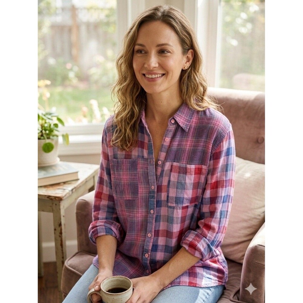 NWT Vintage GOA BOHO Plaid 100%Cotton Lightweight Flannel ButtonUp Shirt Women L